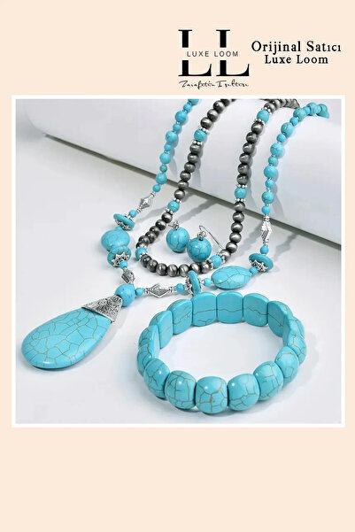 Luxe Loom Zarafetin Işıltısı Women's Blue Gray Vintage Non-Tarnish Necklace Earrings Bracelet Set 001