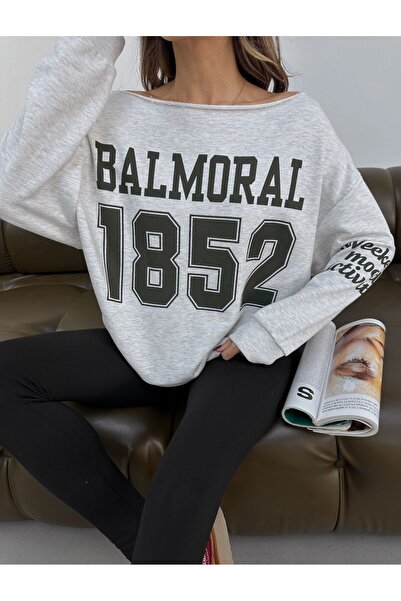 cemo Kayık Yaka Printed Oversized Fleece-Lined Sweat