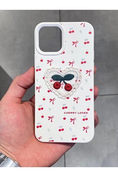 Mee.co iPhone 12 and 12 Pro Compatible Embroidered Cherry Pattern Case Cherry Figured Knitted Phone Case