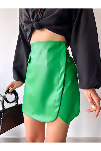 ZENGEZUR MALL Sptrns Pocket Detailed Oval Flap Leather Skirt Green H240048 (150014) (Size: S)