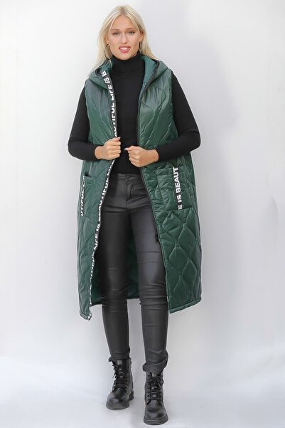 della moor Women's Green Italian Quilted Hooded Oversize Puffer Long Vest