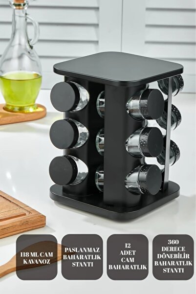 MAKRİ HOME 360 Rotatable Glass Spice Set with Stainless Steel Stand - 12-Piece Square Black