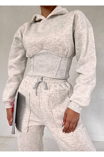 MY DEPO Women's Waist Corset Detail Crop Hooded Cotton Inside Tracksuit Set