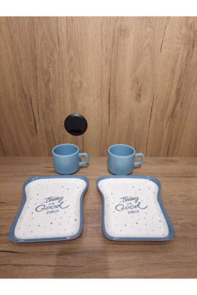 Keramika Breakfast Set for 2 Persons 4 Pieces Toast Plate and Teacup