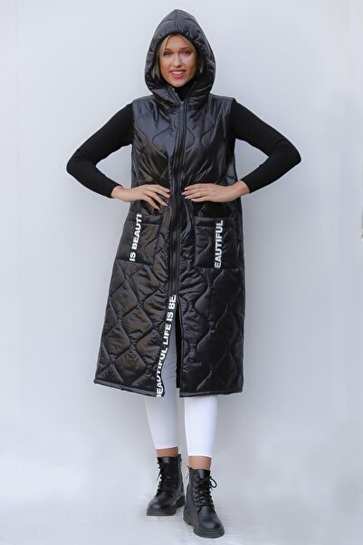 della moor Women's Black Hooded Oversize Puffer Long Vest