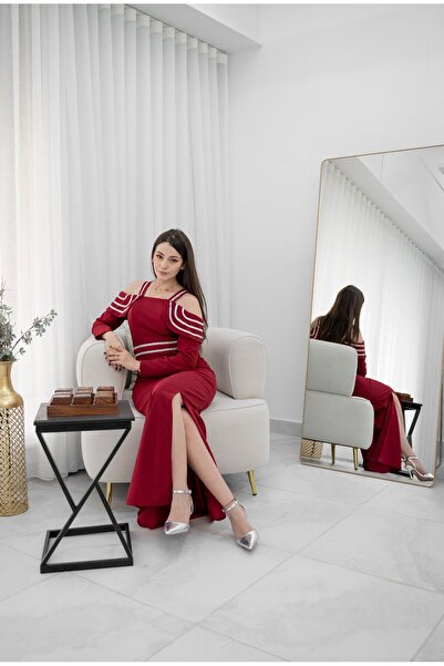 TREN Burgundy Off-Shoulder Evening Gown Long Sleeve Embellished Formal Party Mermaid Dress Red Elegant