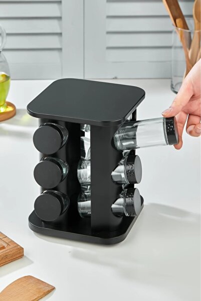 MAKRİ HOME 360 Rotatable Glass Spice Set with Stainless Steel Stand - 12-Piece Square Black