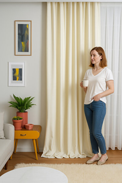 QUBA DECO Doğal Dokulu Keten Görünümlü Krem Dekoratif PİLESİZ Fon Perde Salon...