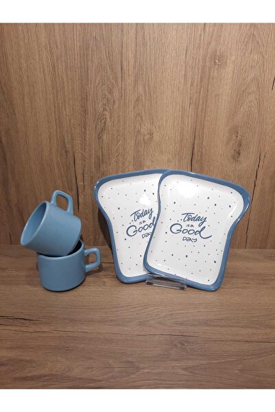 Keramika Breakfast Set for 2 Persons 4 Pieces Toast Plate and Teacup