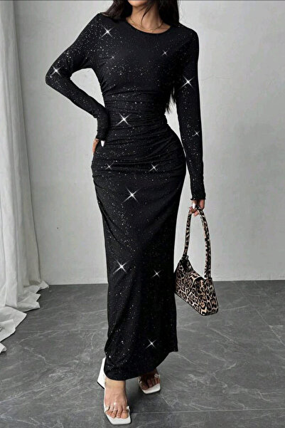 missamour Women's Stone Embroidered Side Gathered Dress