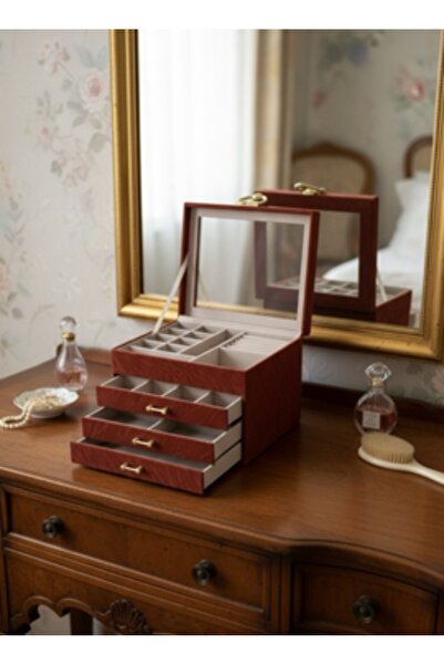 bity thok A reddish-brown jewelry box with a glass design and 3 elegant drawers.