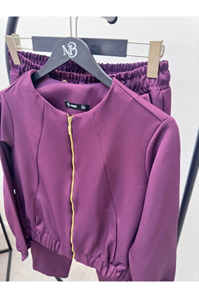 Maldia Shop Women's Zippered Jacket Pants Top and Bottom Plum Set