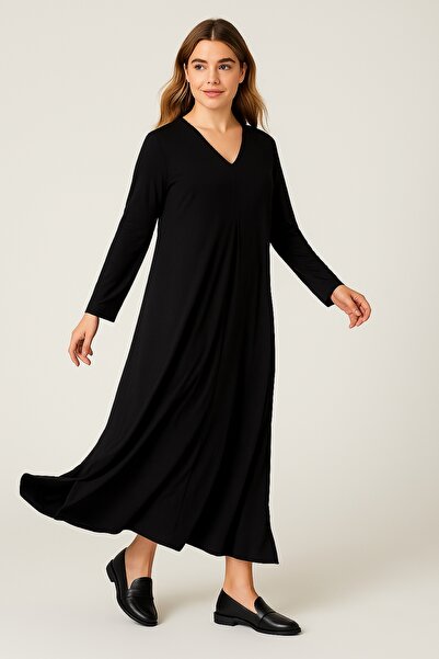 Şans Women's Plus Size Black, A-Line, Jersey Fabric, Front Pleated Long Dress 65N39249