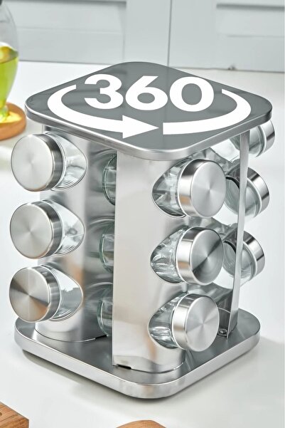 MAKRİ HOME 360 Rotatable Glass Spice Set with Stainless Steel Stand - 12-Piece Chrome Square