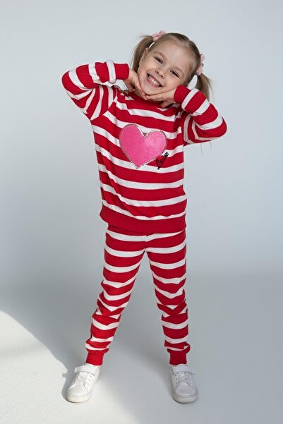 TOFİSA Girl's Fuchsia Striped Embroidered Two-Thread Two-Piece Set - 28010-Fusya