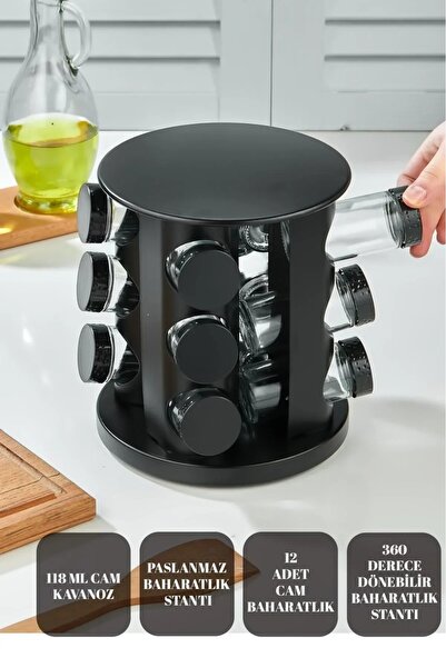 MAKRİ HOME 360 Rotatable Glass Spice Set with Stainless Stand - 12-Piece Round Black