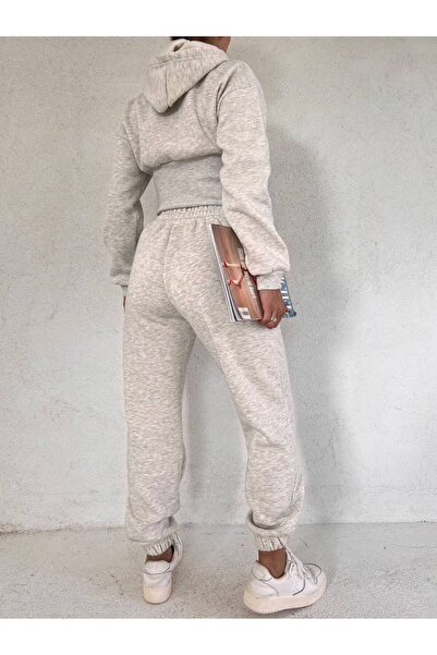 MY DEPO Women's Waist Corset Detail Crop Hooded Cotton Inside Tracksuit Set