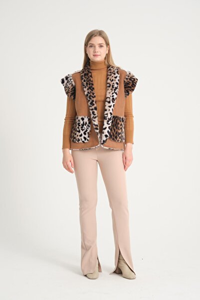della moor Women's Camel Italian Leopard Patterned Short Vest