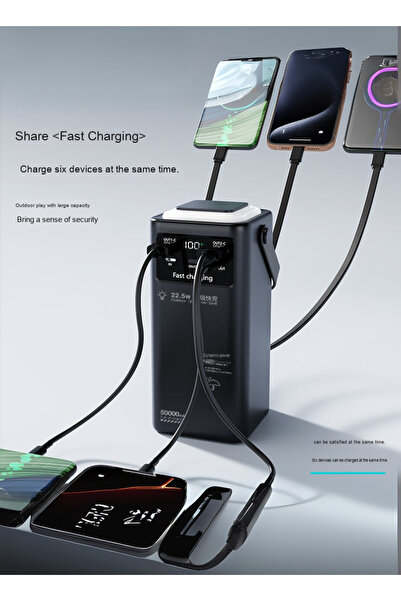 Levino 50000mAh Power Bank with Display, 22.5W Fast Charge, 4 Cables & LED – Black