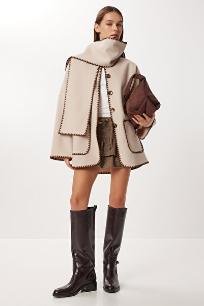 Lovelyİstanbul Scarf Detailed Embroidered Cashmere Jacket Lnt0015 Beige