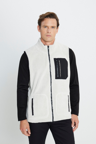 AC&Co / Altınyıldız Classics Beige Standard Fit Regular Cut Mock Neck Sherpa Fleece Vest