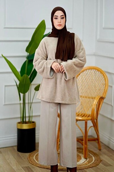 Gülşah collection Plush Textured Belted Sweater - Stone