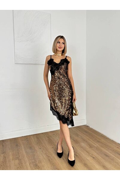 Lady Pixie Λαμπερό μίνι φόρεμα με δαντέλα και λεπτομέρεια σχισμής