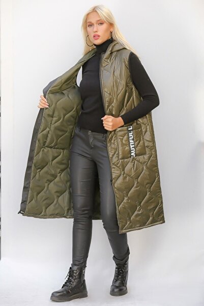 della moor Women's Khaki Italian Quilted Hooded Oversize Puffer Long Vest
