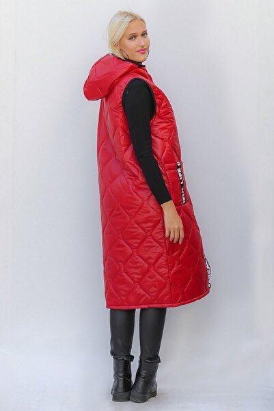 della moor Women's Red Italian Quilted Hooded Oversize Puffer Long Vest