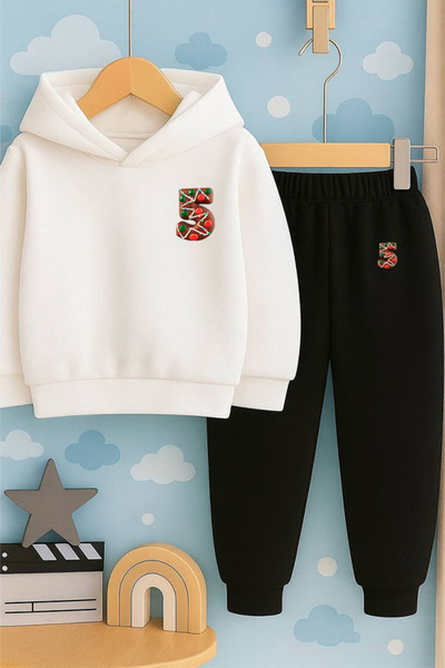 SVART WEAR Children Printed with Print Hoodie Hooded Sweatshirt and Sweatpants Set 3 Thread Ş Fleece-Lined Autumn/Winter