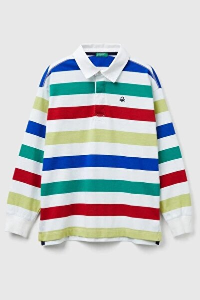 Benetton Erkek Bebek 1-6 Yaş Çizgili Polo Yaka Uzunkol T-Shirt Beyaz