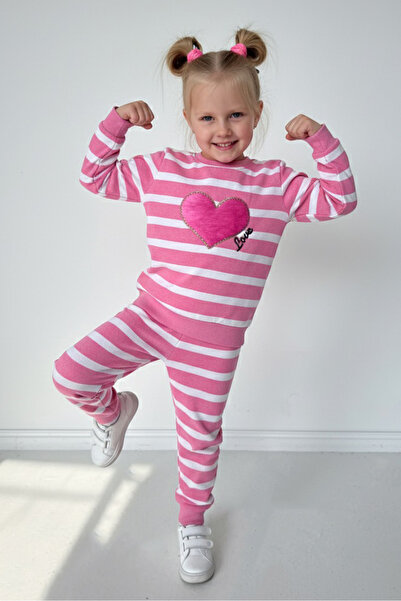 TOFİSA Girl's Pink Striped Embroidered Two-Thread Two-Piece Set - 28010-Pink