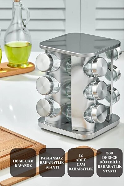 MAKRİ HOME 360 Rotatable Glass Spice Set with Stainless Steel Stand - 12-Piece Chrome Square