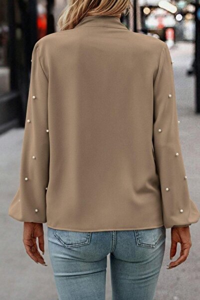 Mossta Εισαγόμενη μπλούζα από ύφασμα κρεπ με λεπτομέρεια από πέρλες με φιόγκο - καφέ