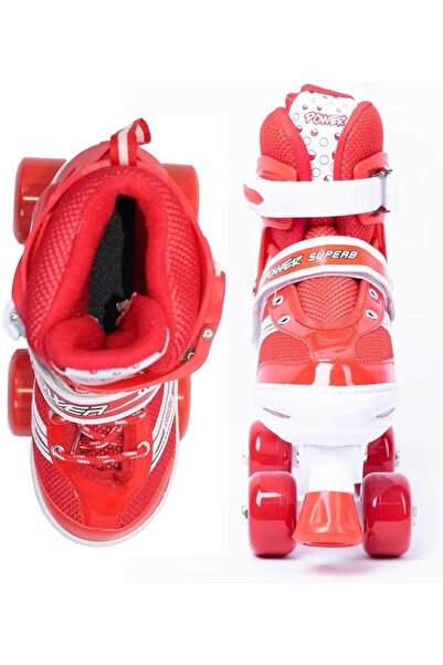My modern game Power Superb medium-sized adjustable skate shoes (sizes 35-38) with 4 wheels and brakes, red, blue, and pink.
