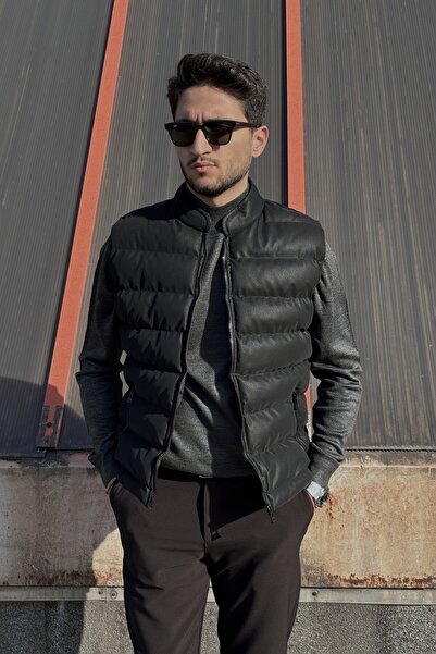 inpool Men'S, Stand-Up Collar, Slim-Fit, Water-Resistant, Leather Vest 2218