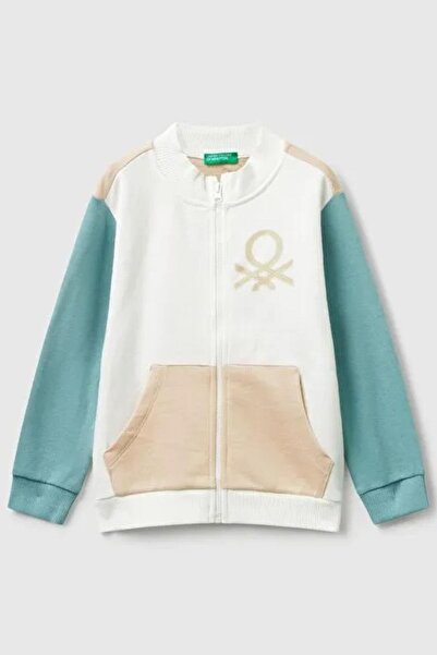 Benetton Kız Bebek 1-6 Yaş Simli Logo Baskılı Fermuarlı Hırka Beyaz-Pembe
