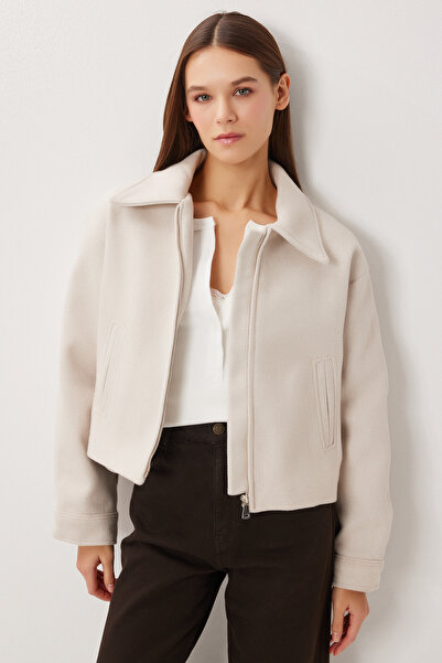 Lovelyİstanbul Polo Collar Zippered Cashmere Jacket Loh0015 Stone