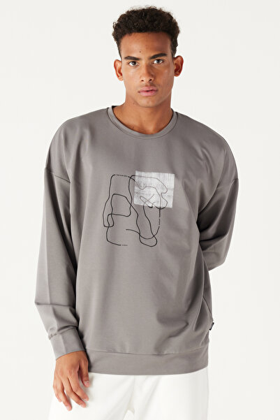 AC&Co / Altınyıldız Classics Gray Oversized Loose Cut Crew Neck Front Printed Cotton Sweatshirt