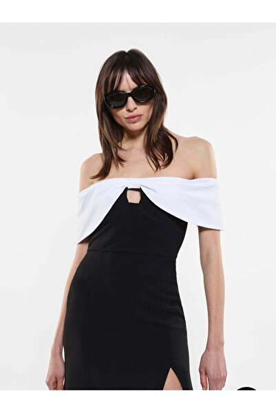 İmperialFashion Imperial Off-Shoulder Evening Dress, White and Black