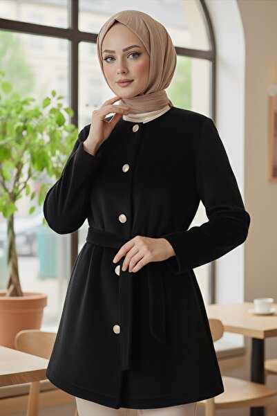 TOFİSA Buttoned Belted Cashmere Jacket Black - 28008-Black