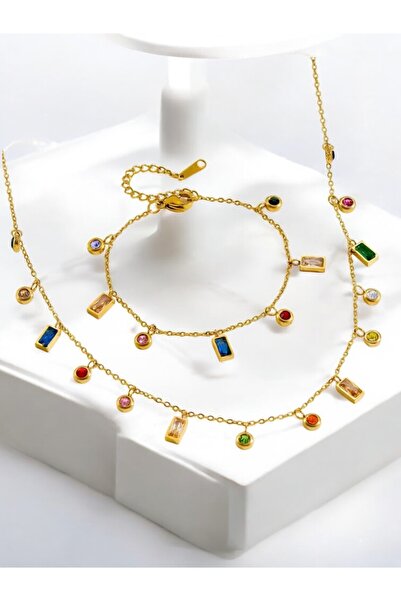 NEW STYLE An elegant accessory set consisting of a necklace and bracelet made of stainless steel with colorful charms, presented in a suitable gift box.