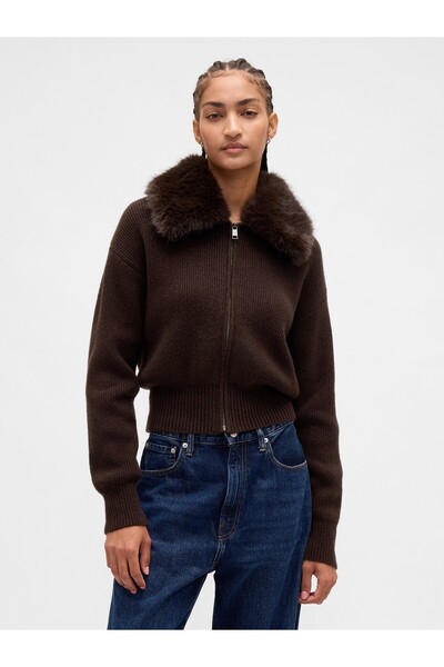 GAP Kadın Kahverengi CashSoft Suni Kürk Yaka Fermuarlı Hırka Kazak