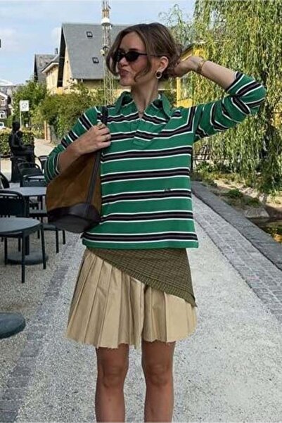 Madmext Green Striped Button Polo Neck Women's Long Sleeve T-Shirt Mg2574