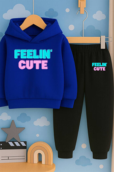 SVART WEAR Children Printed with Print Hoodie Hooded Sweatshirt and Sweatpants Set 3 Thread Ş Fleece-Lined Autumn/Winter