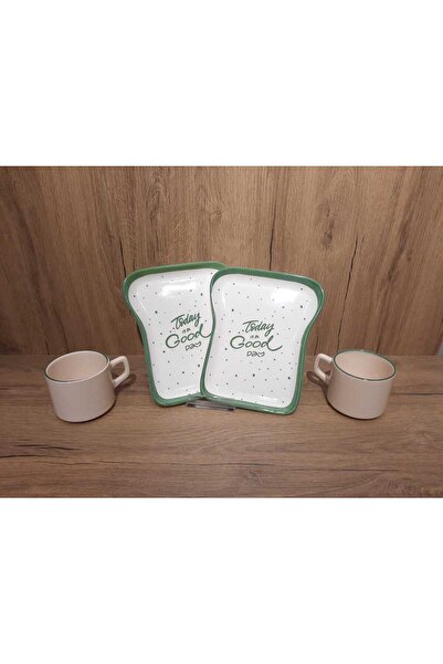 Keramika Breakfast Set for 2 Persons 4 Pieces Toast Plate and Teacup