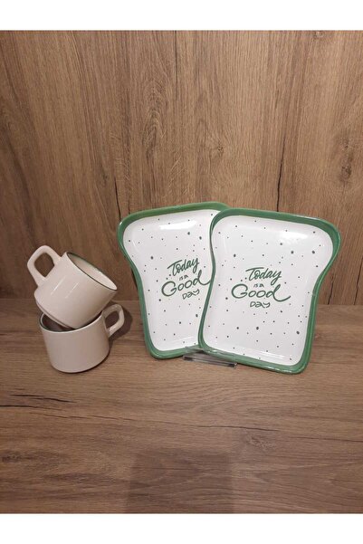 Keramika Breakfast Set for 2 Persons 4 Pieces Toast Plate and Teacup
