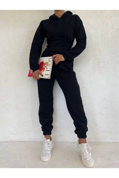 MY DEPO Women's Waist Corset Detail Crop Hooded Cotton Inside Tracksuit Set