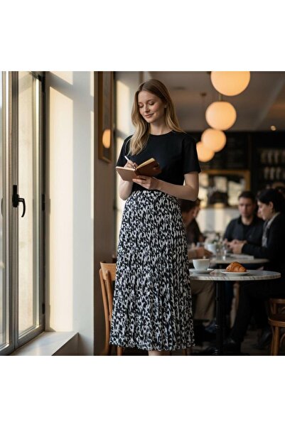 GÖMLEK GALERİSİ Pleated Leopard Patterned Cotton Woven Viscose Skirt (38-48)