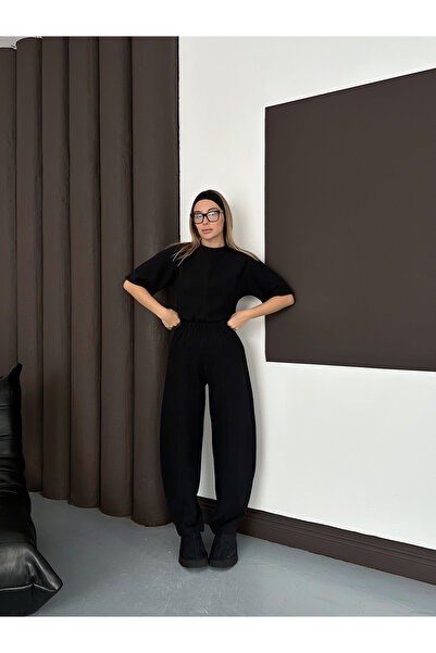 LE CARAMBOLE Women's Black Crew Neck Short Sleeve Crop Blouse Pants Two Piece Set